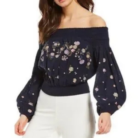 HOST Pick 🎉Free People Saachi Smocked Off-shoulder Embroidered Floral Sleeve Top - Picture 2 of 11